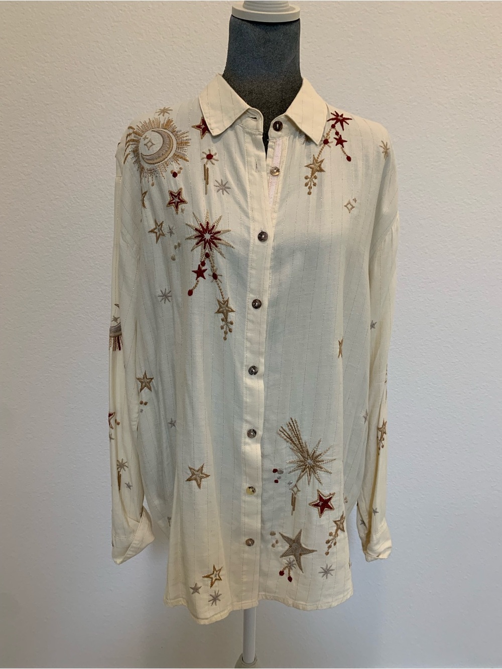 Johnny Was Embroidered Star Motif Cream Button-Up Blouse